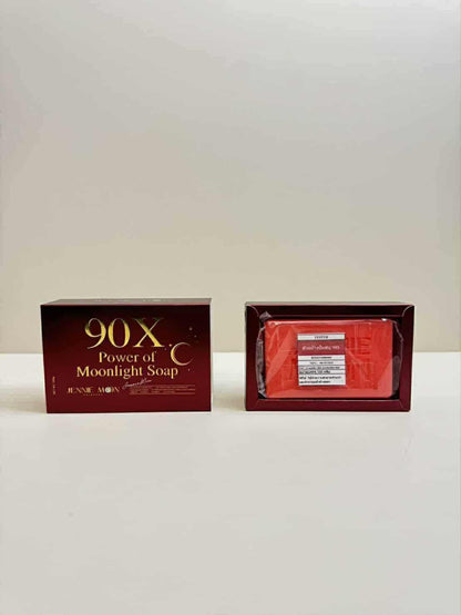 Red soap packaging with '90X Power of Moonlight Soap' text on a white background