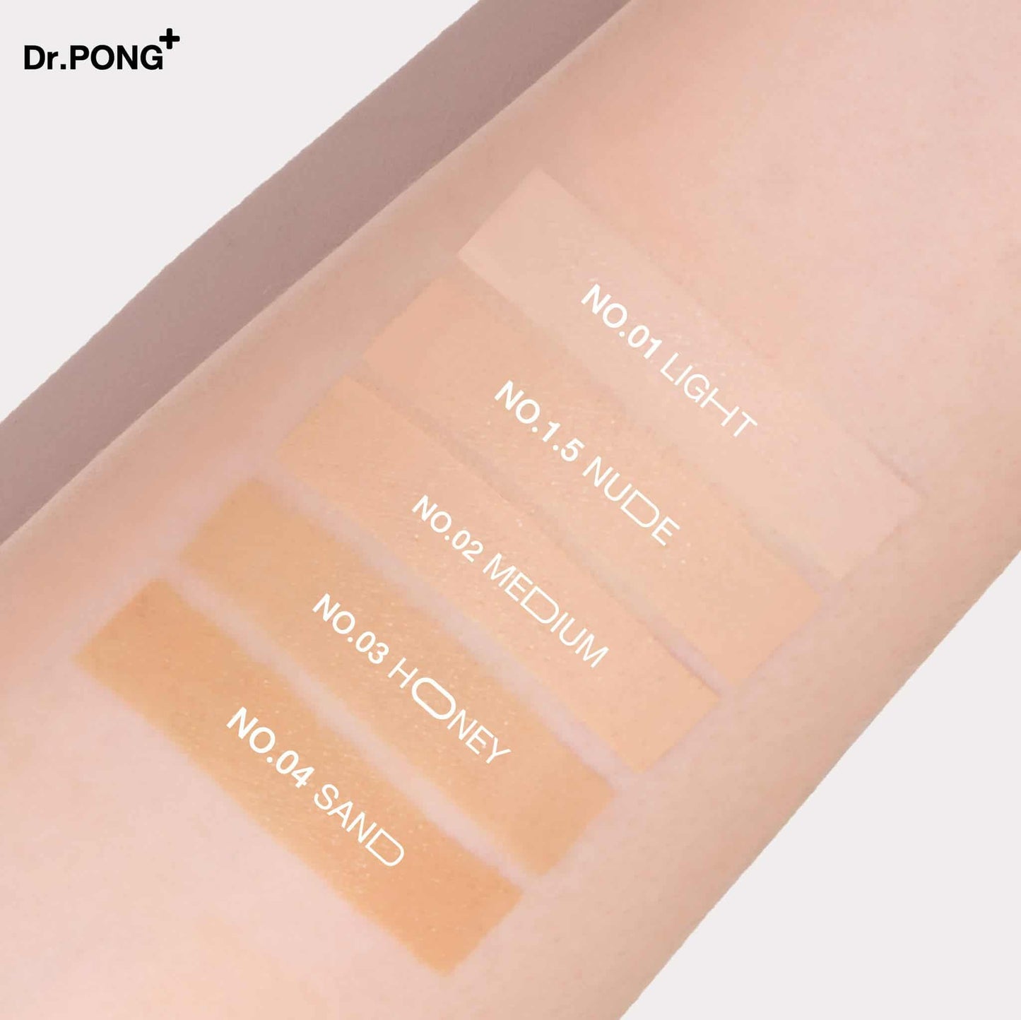 Dr. Pong makeup product with color swatches and labels on a light background