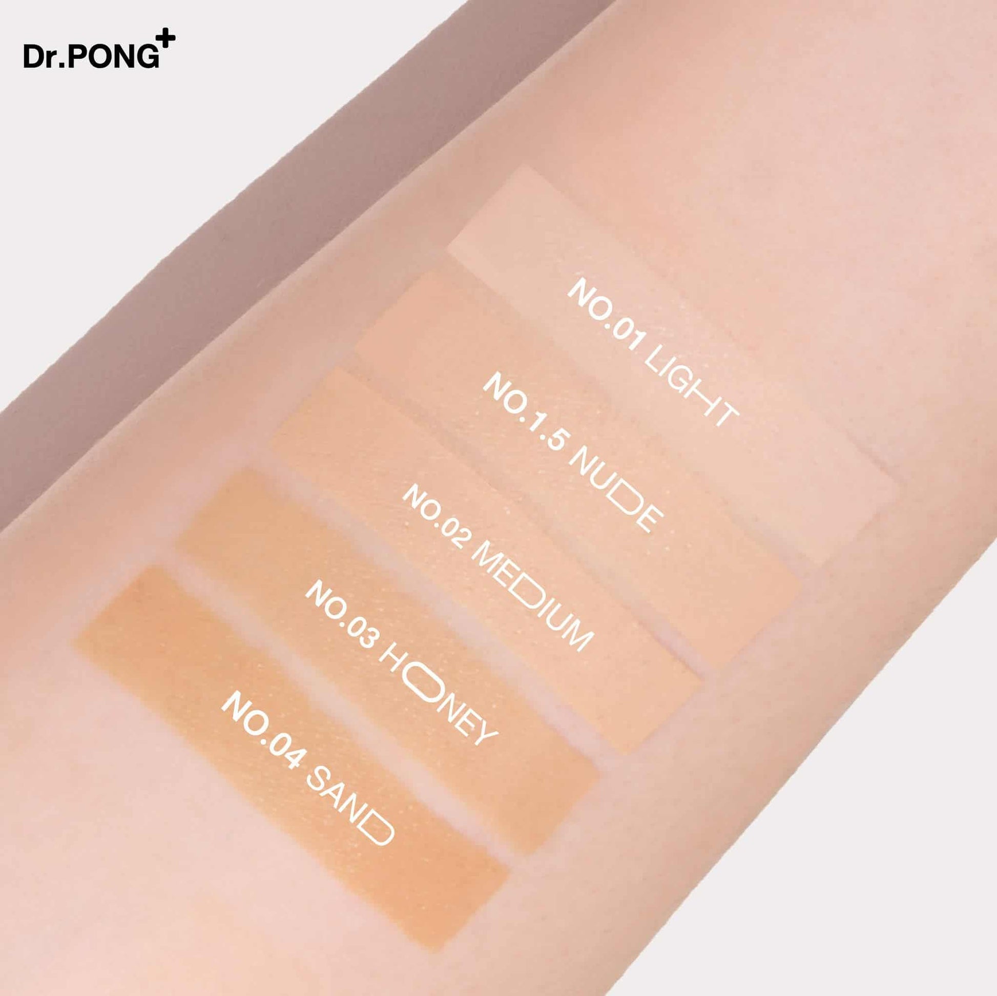 Dr. Pong makeup product with color swatches and labels on a light background