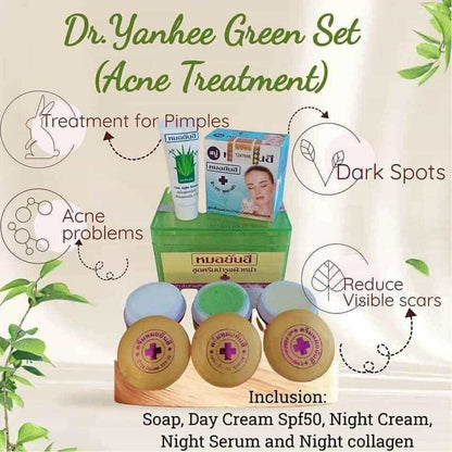 Dr. Yanhee Green Set Acne Treatment with products and benefits on a light background