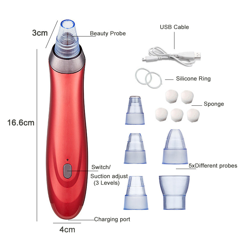 Red beauty device with labeled parts on a white background