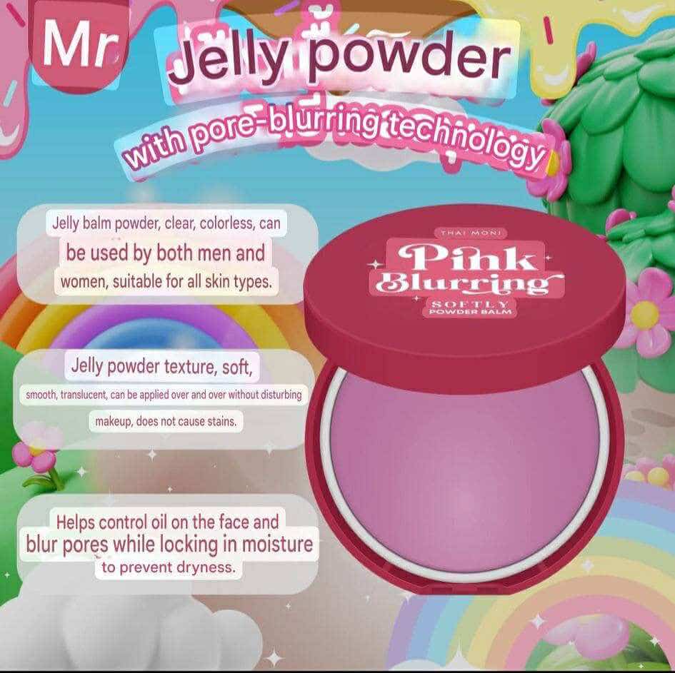 Pink jelly powder makeup product with colorful packaging and text.