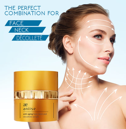 Woman with skincare product labeled 'ae niuise' on a light blue background