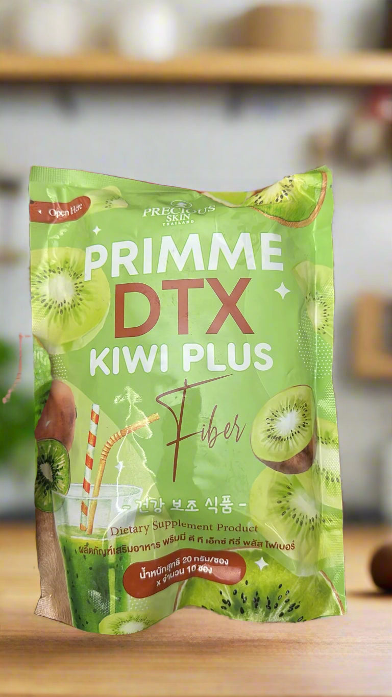 Package of Primme DTX+ Kiwi Plus Fiber on a wooden surface